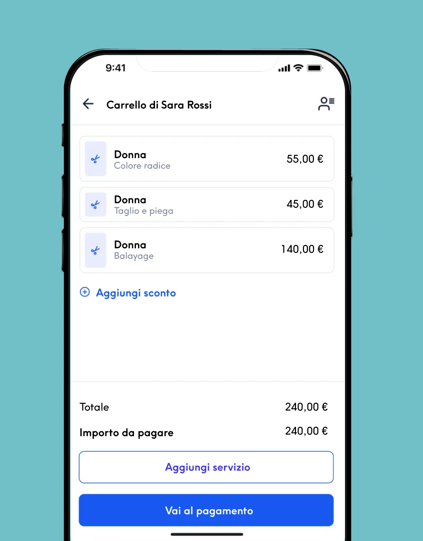 Schermata del carrello nel nuovo checkout di Treatwell Connect, con il riepilogo dei servizi e il pulsante per andare al pagamento