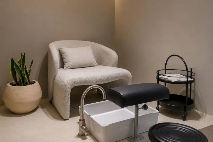 Un angolo pedicure tranquillo in morbide tonalità tortora, con una poltrona curva in bouclé color crema e cuscino, una vaschetta pedicure bianca con poggiapiedi nero, un carrello rotondo nero e una sansevieria in vaso.
