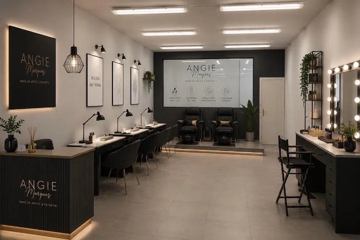 Studio beauty moderno ed essenziale in nero e oro, con la firma Angie Marques a parete, una fila di poltrone manicure e lampade lungo un lato, una pedana con poltrone da trattamento, e uno specchio da trucco a luci sulla destra.
