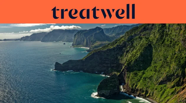 Vista aerea del litorale frastagliato di Madeira: le montagne verdi e le scogliere precipitano a picco nel blu profondo dell'Atlantico. Una schiuma bianca si infrange su una roccia isolata in primo piano, mentre i promontori e un piccolo villaggio arroccato sfumano nella foschia, sotto un cielo luminoso e leggermente nuvoloso.