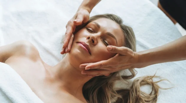 Donna rilassata durante un trattamento di linfodrenaggio al viso, mentre il professionista esegue delicati movimenti sulle guance